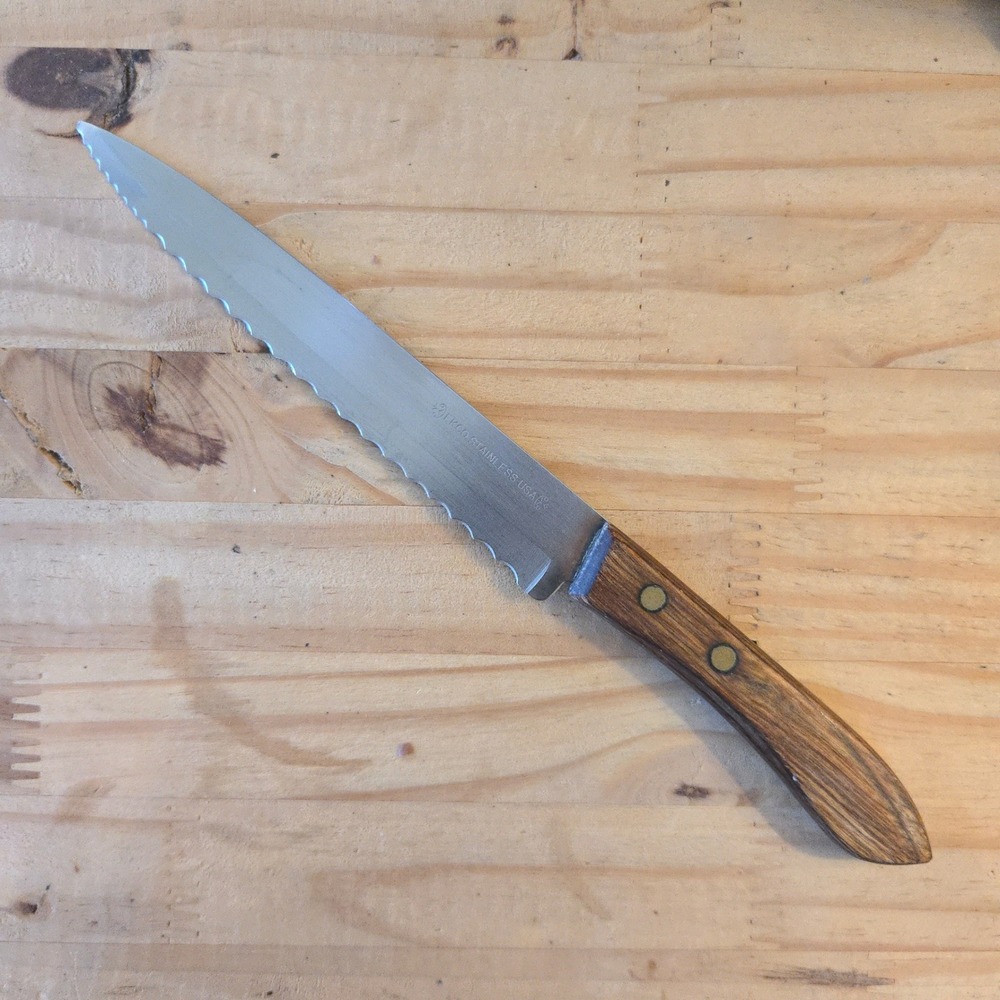 VTG Ekco Serrated Kitchen Knife 9.5" Stainless Brown Wood Handle GUC Made In USA